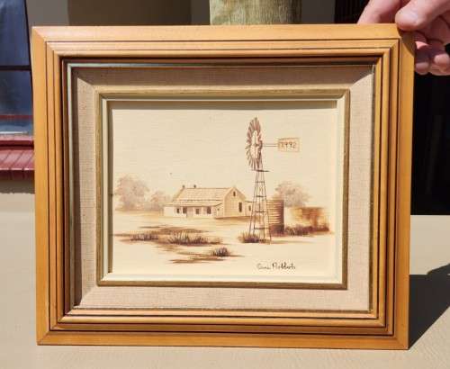 ANNA ROBBERTS SA ARTIST REALISTIC OIL ON CANVAS ARID FARMHOUSE WITH WIND PUMP NO 7992 IN FOREGROUND