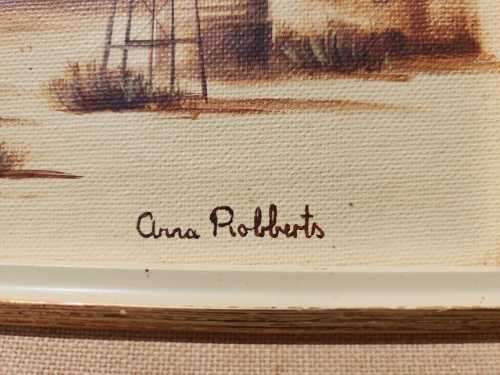 ANNA ROBBERTS SA ARTIST REALISTIC OIL ON CANVAS ARID FARMHOUSE WITH WIND PUMP NO 7992 IN FOREGROUND