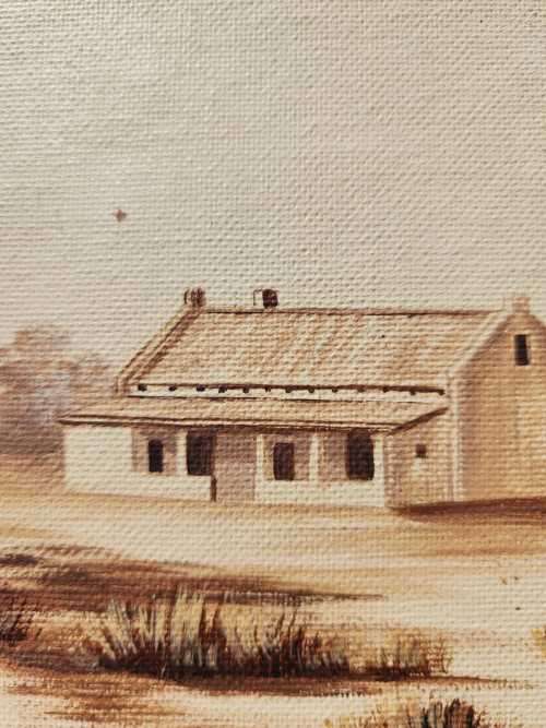 ANNA ROBBERTS SA ARTIST REALISTIC OIL ON CANVAS ARID FARMHOUSE WITH WIND PUMP NO 7992 IN FOREGROUND