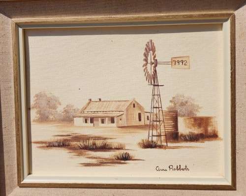 ANNA ROBBERTS SA ARTIST REALISTIC OIL ON CANVAS ARID FARMHOUSE WITH WIND PUMP NO 7992 IN FOREGROUND