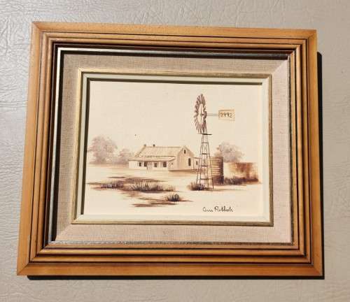 ANNA ROBBERTS SA ARTIST REALISTIC OIL ON CANVAS ARID FARMHOUSE WITH WIND PUMP NO 7992 IN FOREGROUND
