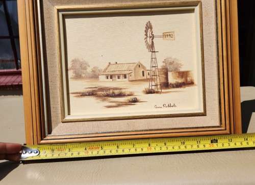 ANNA ROBBERTS SA ARTIST REALISTIC OIL ON CANVAS ARID FARMHOUSE WITH WIND PUMP NO 7992 IN FOREGROUND
