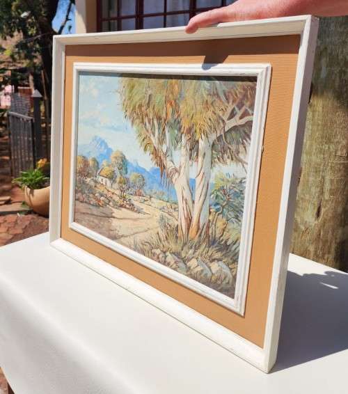 FAMOUS SA ARTIST HANNES VAN DER WALT (1948-) CAPE FARMSTEAD WITH GUM TREE 1975 ORIGINAL OIL PAINTING