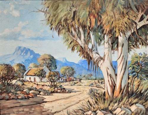 FAMOUS SA ARTIST HANNES VAN DER WALT (1948-) CAPE FARMSTEAD WITH GUM TREE 1975 ORIGINAL OIL PAINTING