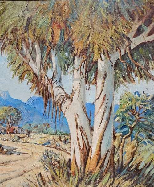 FAMOUS SA ARTIST HANNES VAN DER WALT (1948-) CAPE FARMSTEAD WITH GUM TREE 1975 ORIGINAL OIL PAINTING