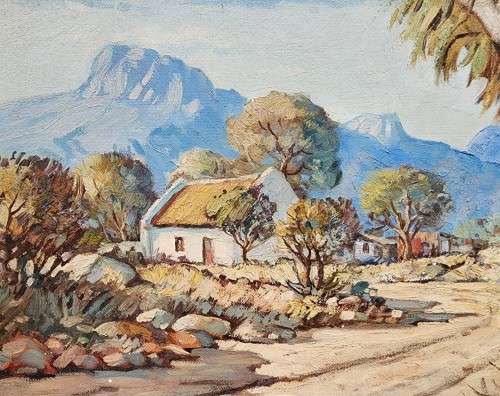 FAMOUS SA ARTIST HANNES VAN DER WALT (1948-) CAPE FARMSTEAD WITH GUM TREE 1975 ORIGINAL OIL PAINTING