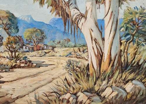 FAMOUS SA ARTIST HANNES VAN DER WALT (1948-) CAPE FARMSTEAD WITH GUM TREE 1975 ORIGINAL OIL PAINTING