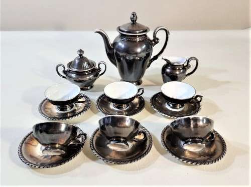 RUDOLF WACHTER (RW) BAVARIA GERMANY 1930S SILVER OVERLAID PORCELAIN TEA SET  17 PIECES - RARE