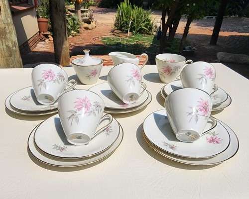 ALKA KUNST BAVARIA GERMANY 1950S SILVER OVERLAID PORCELAIN TEA SET  19 PIECES  HANDPAINTED - RARE