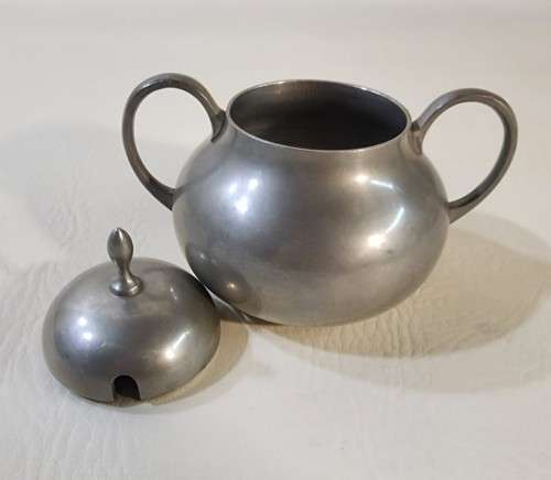 VINTAGE C KURZ and CO TIEL HOLLAND PEWTER TEASET AND VASE WITH TYPED LETTER BY COMPANY