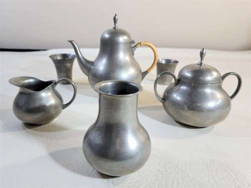 VINTAGE C KURZ and CO TIEL HOLLAND PEWTER TEASET AND VASE WITH TYPED LETTER BY COMPANY
