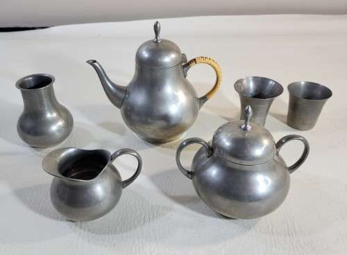 VINTAGE C KURZ and CO TIEL HOLLAND PEWTER TEASET AND VASE WITH TYPED LETTER BY COMPANY