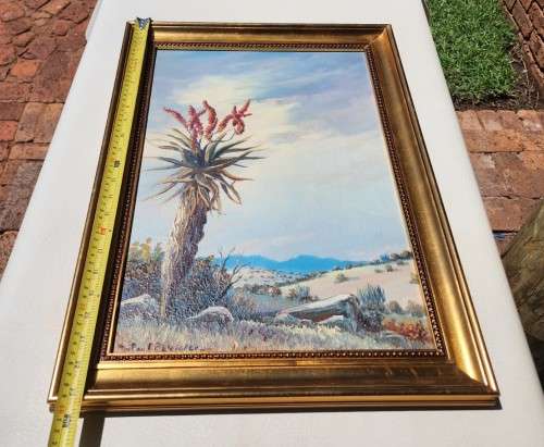 PAUL POTGIETER!! (SA ARTIST 1917-1994) ORIGINAL ALOE LANDSCAPE OIL PAINTING (44CM WIDE 69CM HIGH)