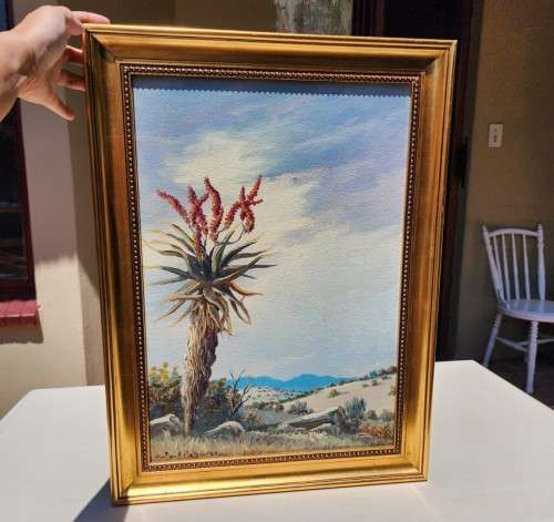 PAUL POTGIETER!! (SA ARTIST 1917-1994) ORIGINAL ALOE LANDSCAPE OIL PAINTING (44CM WIDE 69CM HIGH)