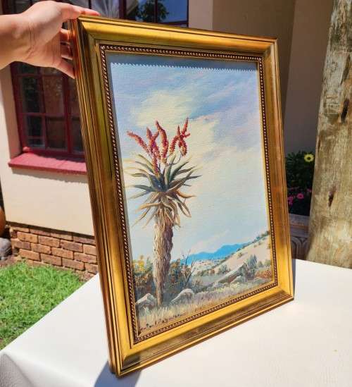 PAUL POTGIETER!! (SA ARTIST 1917-1994) ORIGINAL ALOE LANDSCAPE OIL PAINTING (44CM WIDE 69CM HIGH)