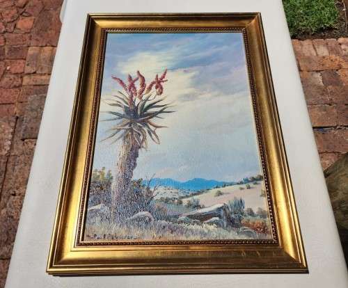 PAUL POTGIETER!! (SA ARTIST 1917-1994) ORIGINAL ALOE LANDSCAPE OIL PAINTING (44CM WIDE 69CM HIGH)