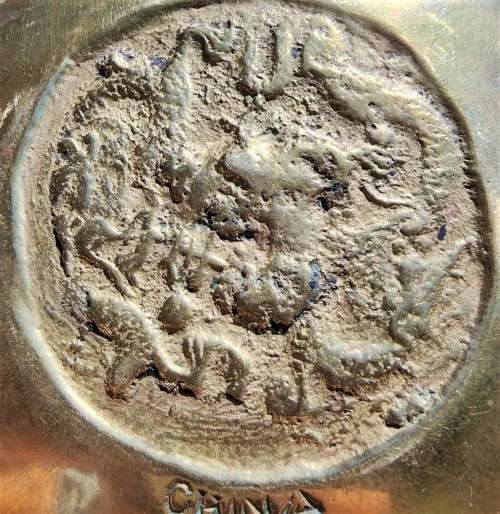 VINTAGE CHINESE BRASS ENGRAVED BOWL WITH A DRAGON AND PHOENIX 4MM THICK SOLID BRASS RIM HEAVY 1,4KG