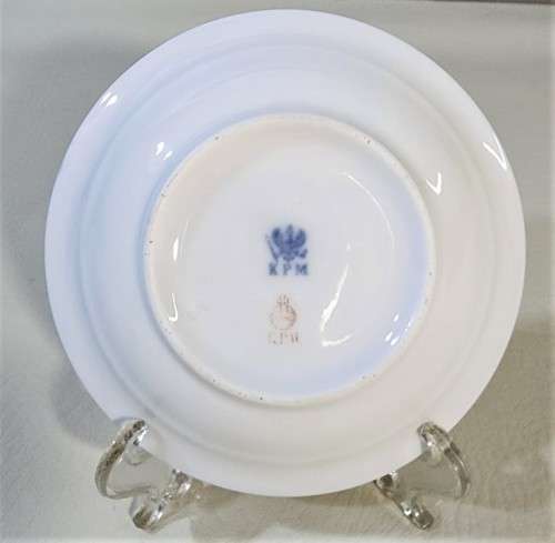 AN 175 YEARS OLD KPM GERMANY CUP AND SAUCER IN BLUE & GOLD WITH RARE EAGLE MARK (1844-1847)