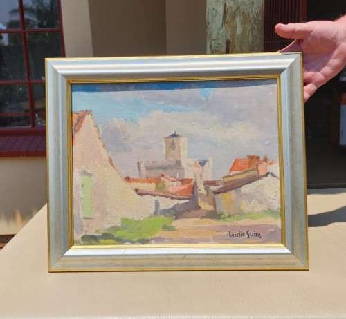 LUCETTE SUIRE ORIGINAL OIL PAINTING  SCENE WITH LARGE CHURCH LIKE BUILDING