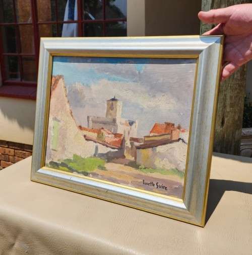 LUCETTE SUIRE ORIGINAL OIL PAINTING  SCENE WITH LARGE CHURCH LIKE BUILDING