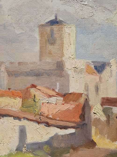 LUCETTE SUIRE ORIGINAL OIL PAINTING  SCENE WITH LARGE CHURCH LIKE BUILDING