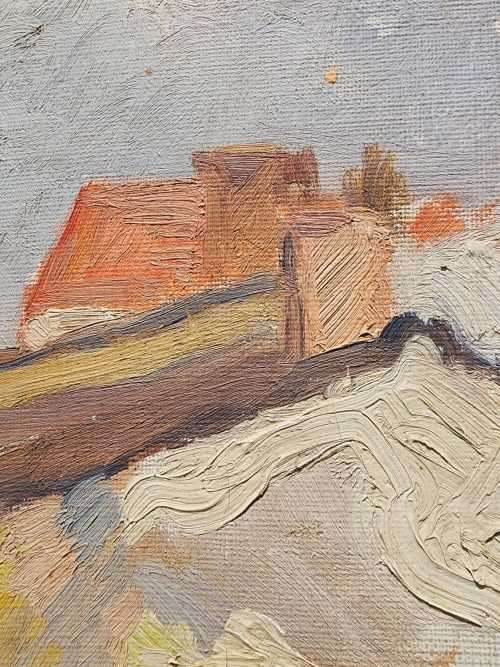 LUCETTE SUIRE ORIGINAL OIL PAINTING  SCENE WITH LARGE CHURCH LIKE BUILDING