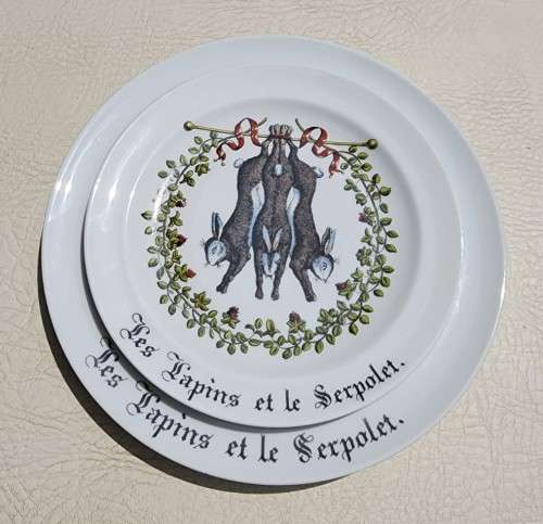 RABBITS & THYME (LES LAPINS ET SERPOLET) PORCELAINE D`AUTEUIL LIMOGES FRANCE CHAMBORD SERIES PLATES