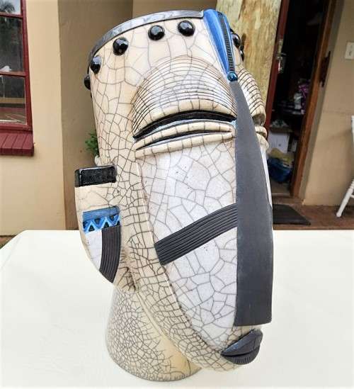 RAKU FIRED WINE COOLER MASK BY PORCUPINE CERAMICS SOUTH AFRICA - LARGE 37CM HIGH - WITH PEWTER RIM