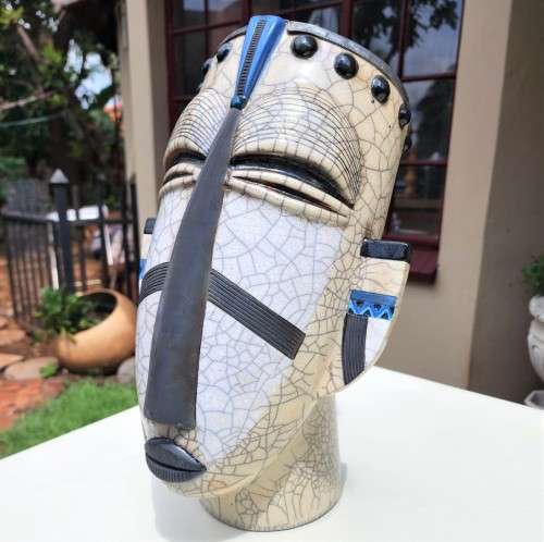 RAKU FIRED WINE COOLER MASK BY PORCUPINE CERAMICS SOUTH AFRICA - LARGE 37CM HIGH - WITH PEWTER RIM
