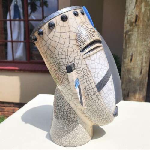 RAKU FIRED WINE COOLER MASK BY PORCUPINE CERAMICS SOUTH AFRICA - LARGE 37CM HIGH - WITH PEWTER RIM