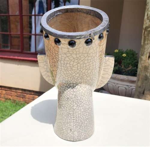 RAKU FIRED WINE COOLER MASK BY PORCUPINE CERAMICS SOUTH AFRICA - LARGE 37CM HIGH - WITH PEWTER RIM