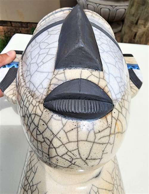 RAKU FIRED WINE COOLER MASK BY PORCUPINE CERAMICS SOUTH AFRICA - LARGE 37CM HIGH - WITH PEWTER RIM