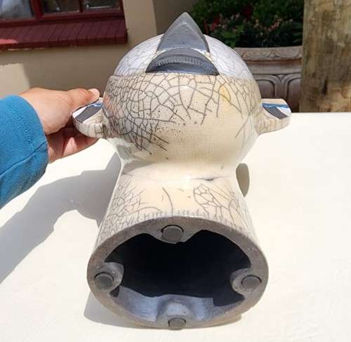 RAKU FIRED WINE COOLER MASK BY PORCUPINE CERAMICS SOUTH AFRICA - LARGE 37CM HIGH - WITH PEWTER RIM