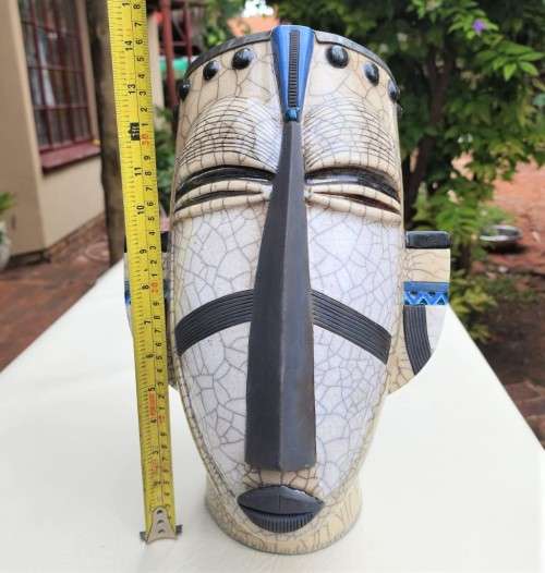 RAKU FIRED WINE COOLER MASK BY PORCUPINE CERAMICS SOUTH AFRICA - LARGE 37CM HIGH - WITH PEWTER RIM