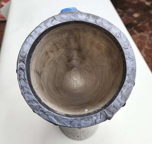 RAKU FIRED WINE COOLER MASK BY PORCUPINE CERAMICS SOUTH AFRICA - LARGE 37CM HIGH - WITH PEWTER RIM