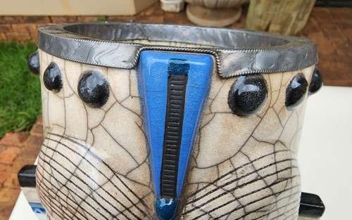 RAKU FIRED WINE COOLER MASK BY PORCUPINE CERAMICS SOUTH AFRICA - LARGE 37CM HIGH - WITH PEWTER RIM