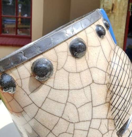 RAKU FIRED WINE COOLER MASK BY PORCUPINE CERAMICS SOUTH AFRICA - LARGE 37CM HIGH - WITH PEWTER RIM