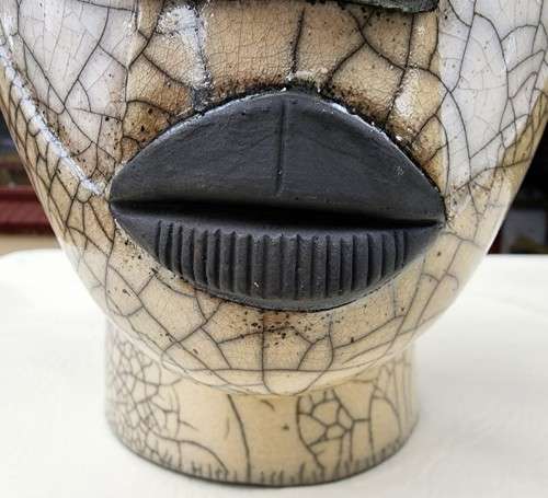 RAKU FIRED WINE COOLER MASK BY PORCUPINE CERAMICS SOUTH AFRICA - LARGE 37CM HIGH - WITH PEWTER RIM
