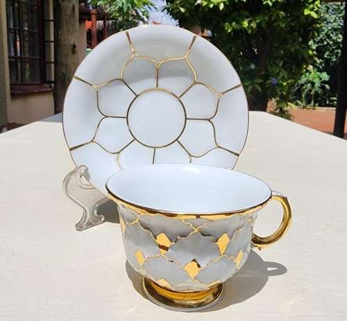 MEISSEN GERMANY PORCELAIN CUP AND SAUCER - GOLD DECORATED - BLUE CROSSED SWORD MARK (1935-1973)