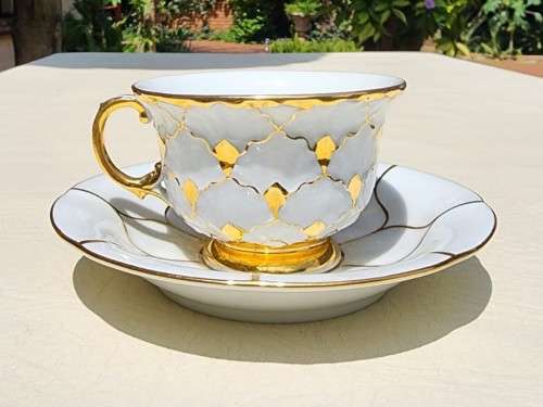 MEISSEN GERMANY PORCELAIN CUP AND SAUCER - GOLD DECORATED - BLUE CROSSED SWORD MARK (1935-1973)