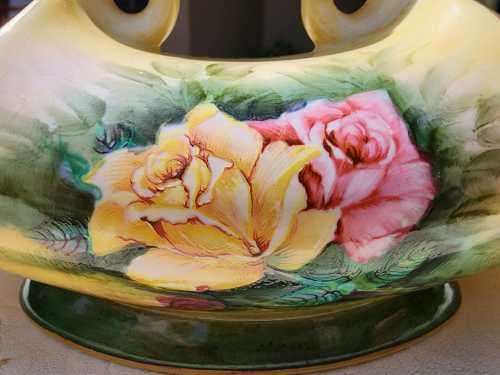 CROWN DEVON FIELDINGS! (1930-1960) LADY HAMILTON BOAT-SHAPED DOUBLE-ENDED FLOWER VASE HAND PAINTED!