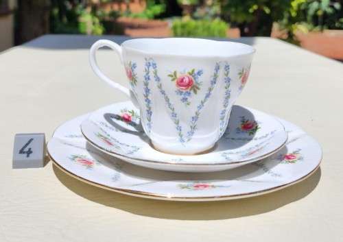 ROYAL ALBERT (1966-1970S) MINUET PATTERN SHELLEY SHAPED CUP AND SAUCER AND SIDEPLATE TRIO 4TH OF 6
