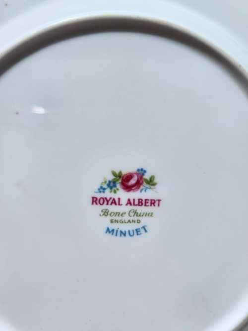 ROYAL ALBERT (1966-1970S) MINUET PATTERN SHELLEY SHAPED CUP AND SAUCER AND SIDEPLATE TRIO 4TH OF 6