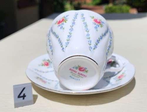 ROYAL ALBERT (1966-1970S) MINUET PATTERN SHELLEY SHAPED CUP AND SAUCER AND SIDEPLATE TRIO 4TH OF 6