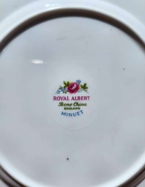 ROYAL ALBERT (1966-1970S) MINUET PATTERN SHELLEY SHAPED CUP AND SAUCER AND SIDEPLATE TRIO 5TH OF 6