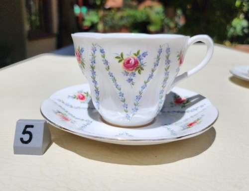 ROYAL ALBERT (1966-1970S) MINUET PATTERN SHELLEY SHAPED CUP AND SAUCER AND SIDEPLATE TRIO 5TH OF 6