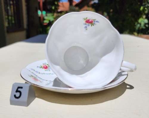 ROYAL ALBERT (1966-1970S) MINUET PATTERN SHELLEY SHAPED CUP AND SAUCER AND SIDEPLATE TRIO 5TH OF 6
