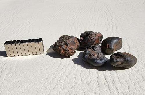 METEORITE FRAGMENTS GROUP OF SIX MAGNETIC PEBBLE CANDIDATES 4 BILLION YEARS OLD