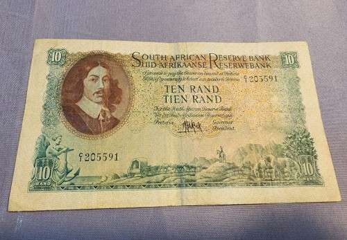RARE C1 SERIES SA 1961 R10 NOTE (C1 205591 IN ENGLISH OVER AFRIKAANS) JAN VAN RIEBEECK VF