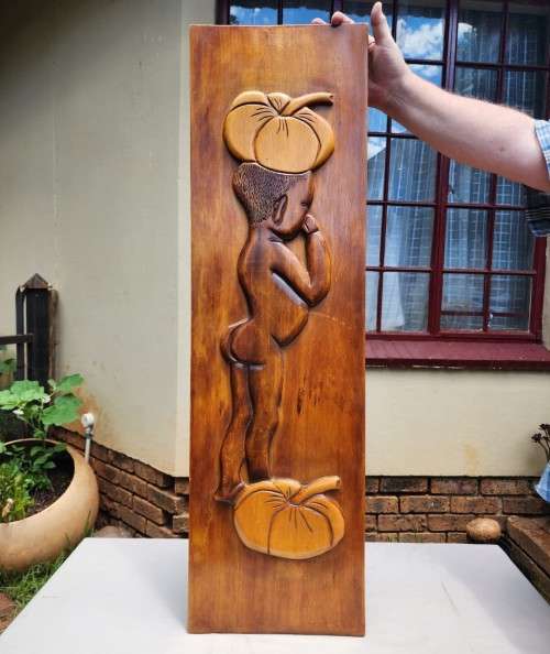VINTAGE 1983 WOODEN CARVING BY G FOUCHE  BUTT NAKED AFRICAN BOY WITH PUMPKIN ON HEAD